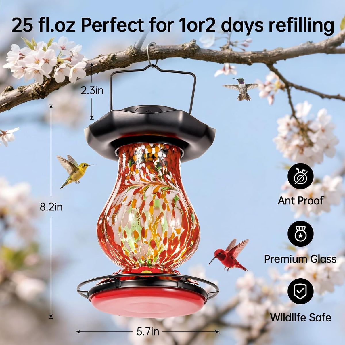 desgully solar hummingbird feeder for outdoor - 25 showing dimensions