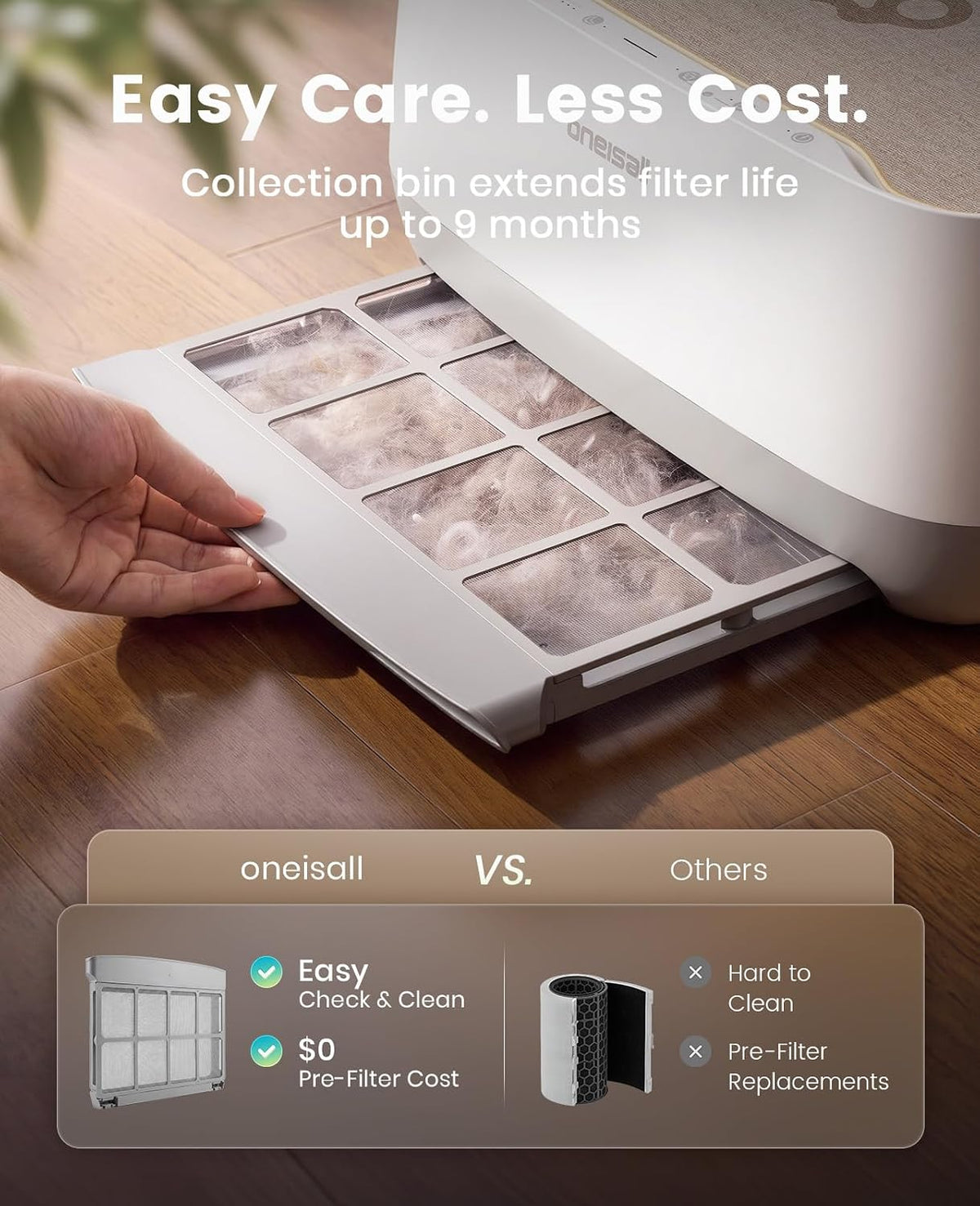 oneisall pet air purifier with 3-side air intake&hair, side view