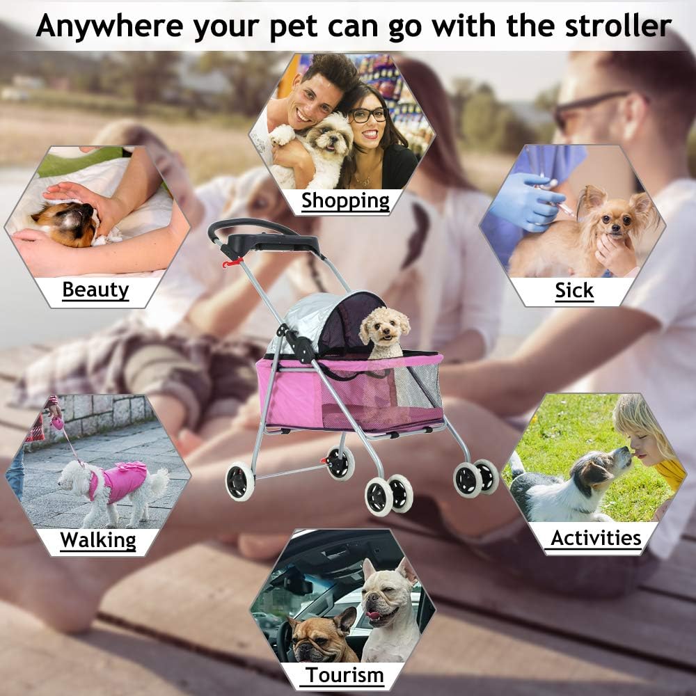 4 wheels pet stroller,dog cage protable travel folding on a desk or shelf