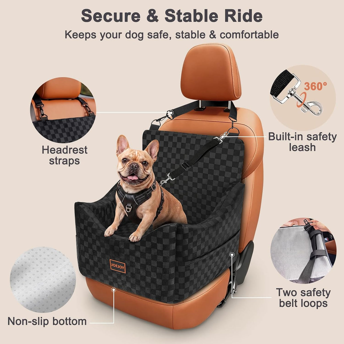 joejoy elevated dog car seat for small/medium dogs showing dimensions
