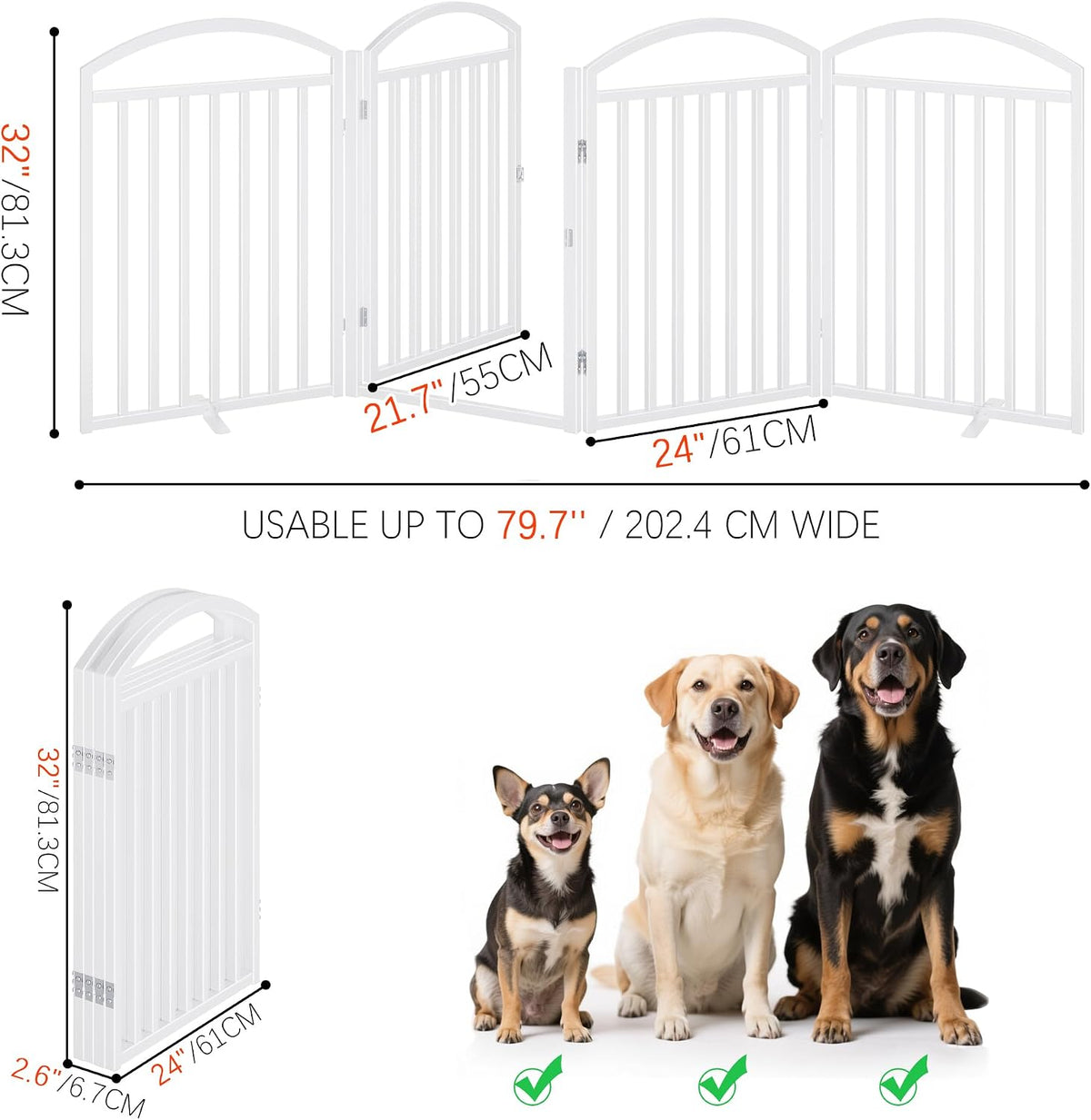 foldable pet fence 96" wide, 32" tall,no-assembly dog shown in use