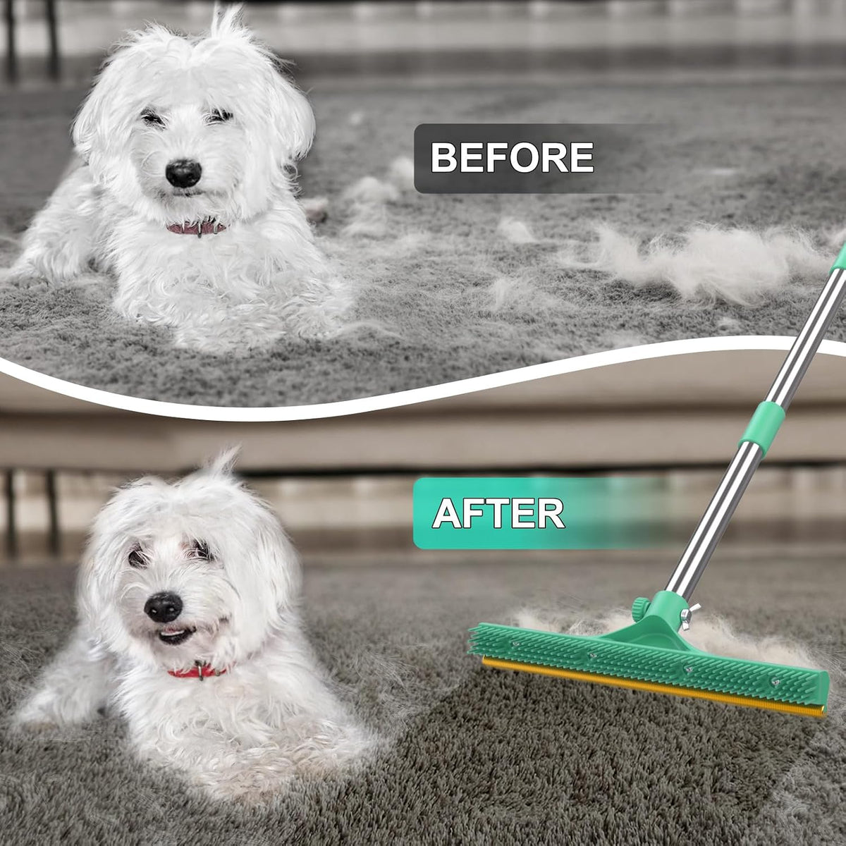 carpet rake for pet hair removal, reusable pet, side view