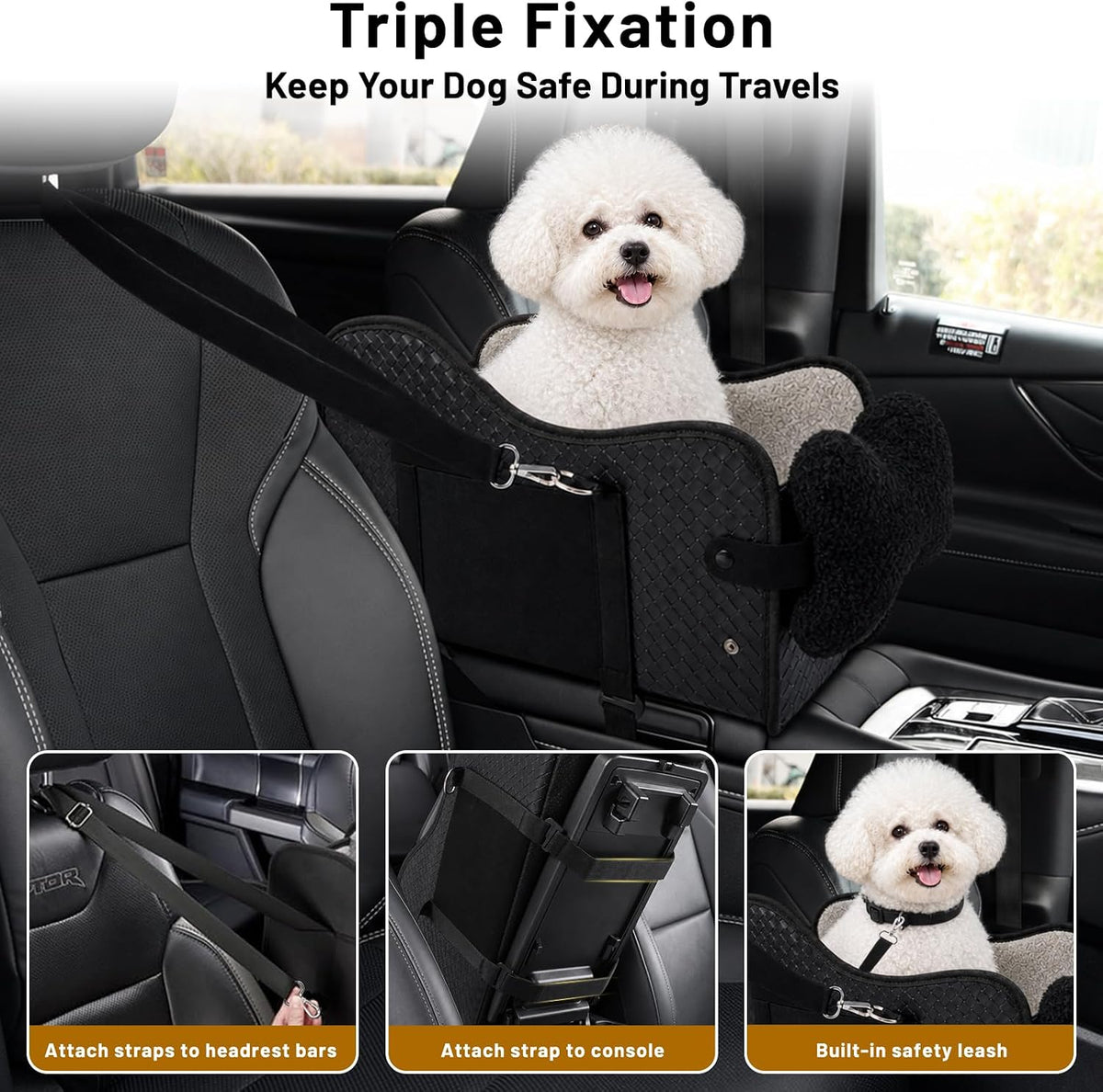 dog car seat for small dogs, center console, side view