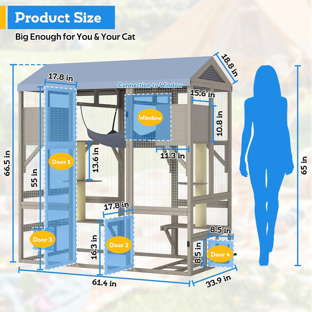 large walk-in catio outdoor cat enclosure with window, close-up detail