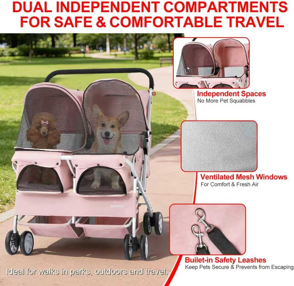 double pet stroller for 2 small dogs & shown in use