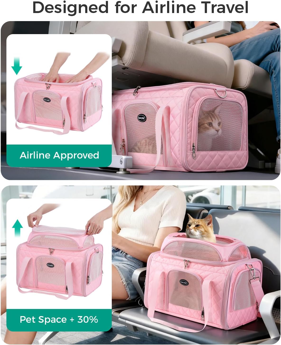 airline approved cat carrier with expandable top, 17x11x9.5, close-up detail