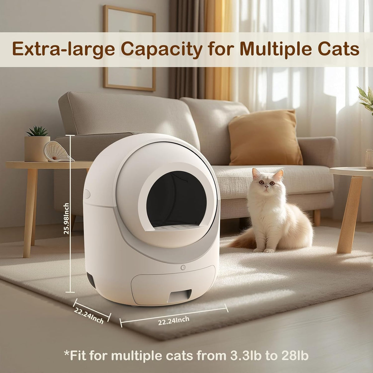 self cleaning cat litter box with app control showing dimensions