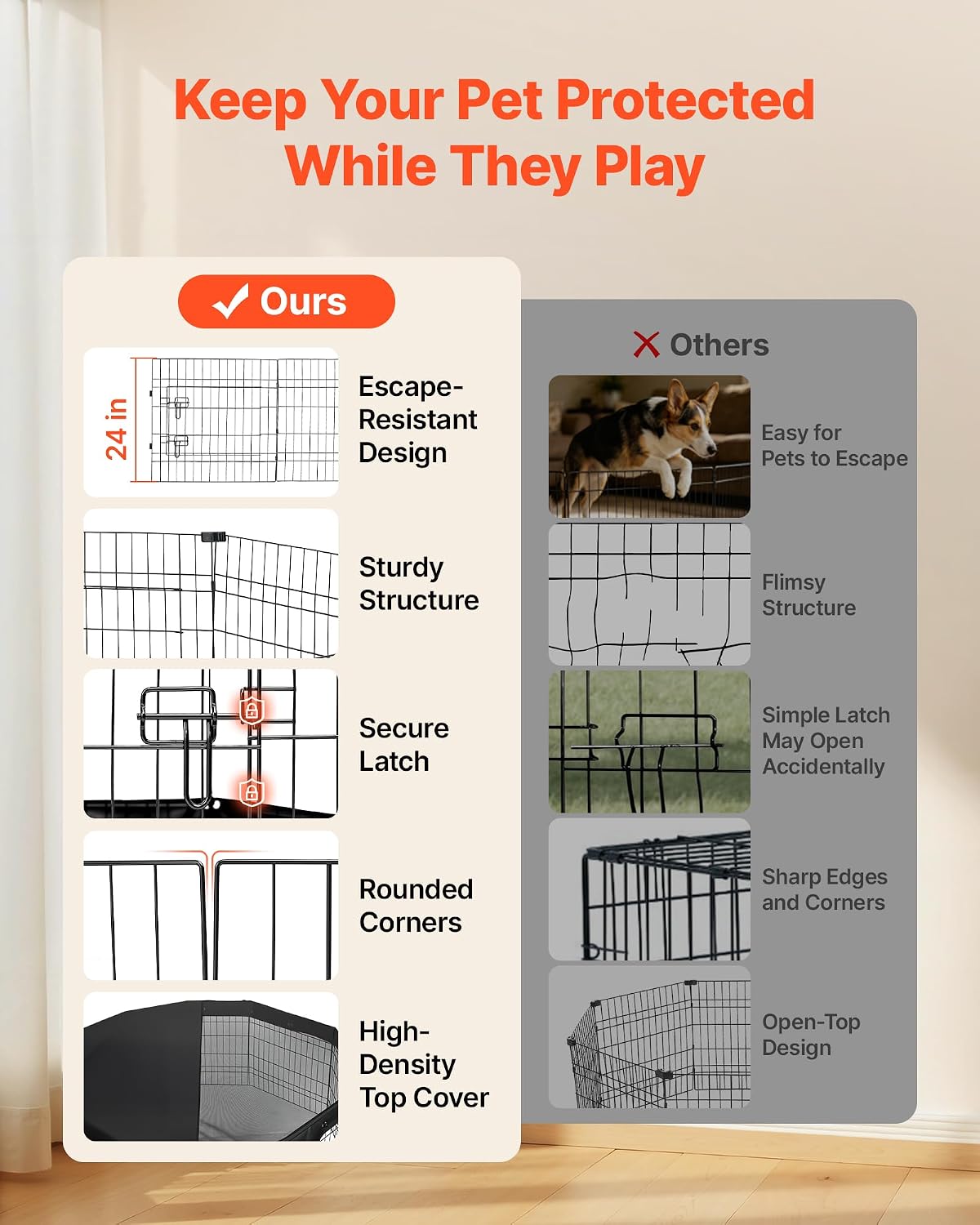 vevor dog playpen, 24 inch 8-panel metal puppy, close-up detail