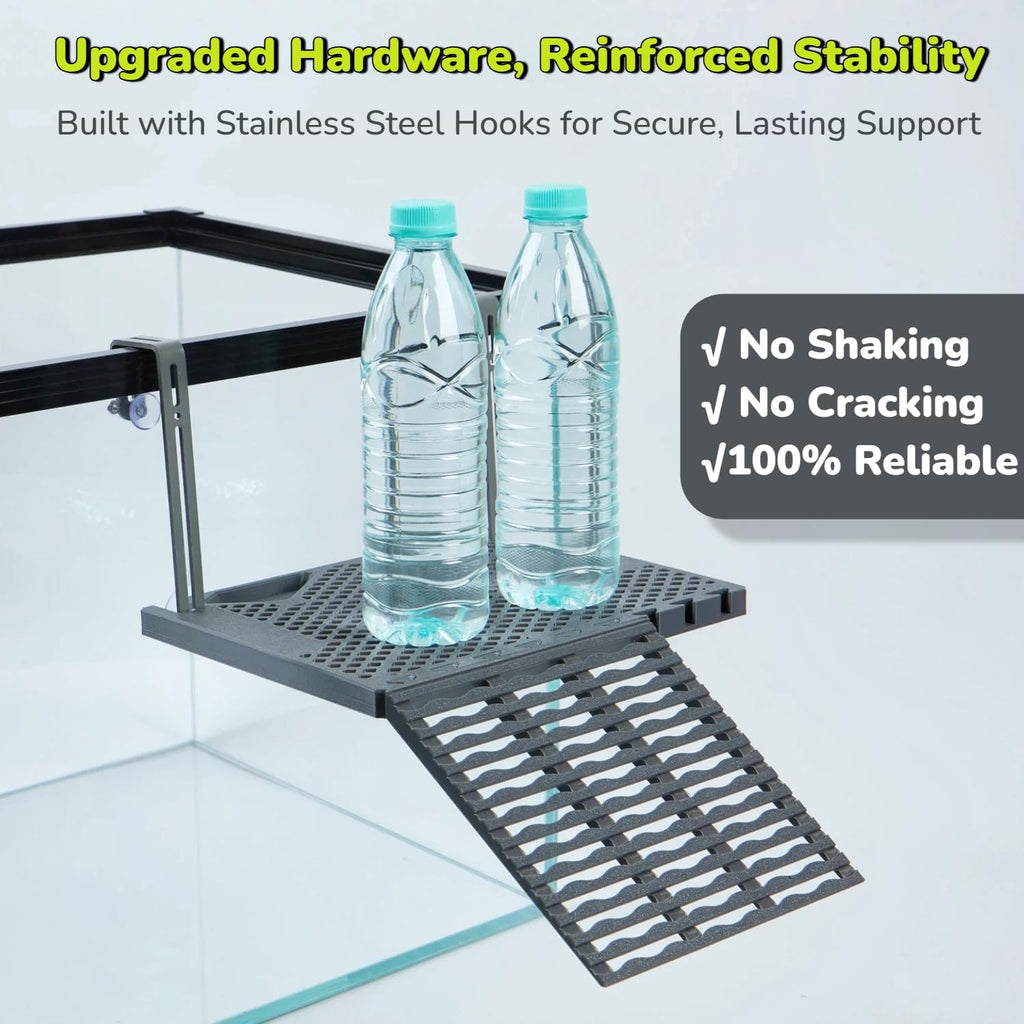 solidform hanging turtle basking platform with built-in food showing dimensions