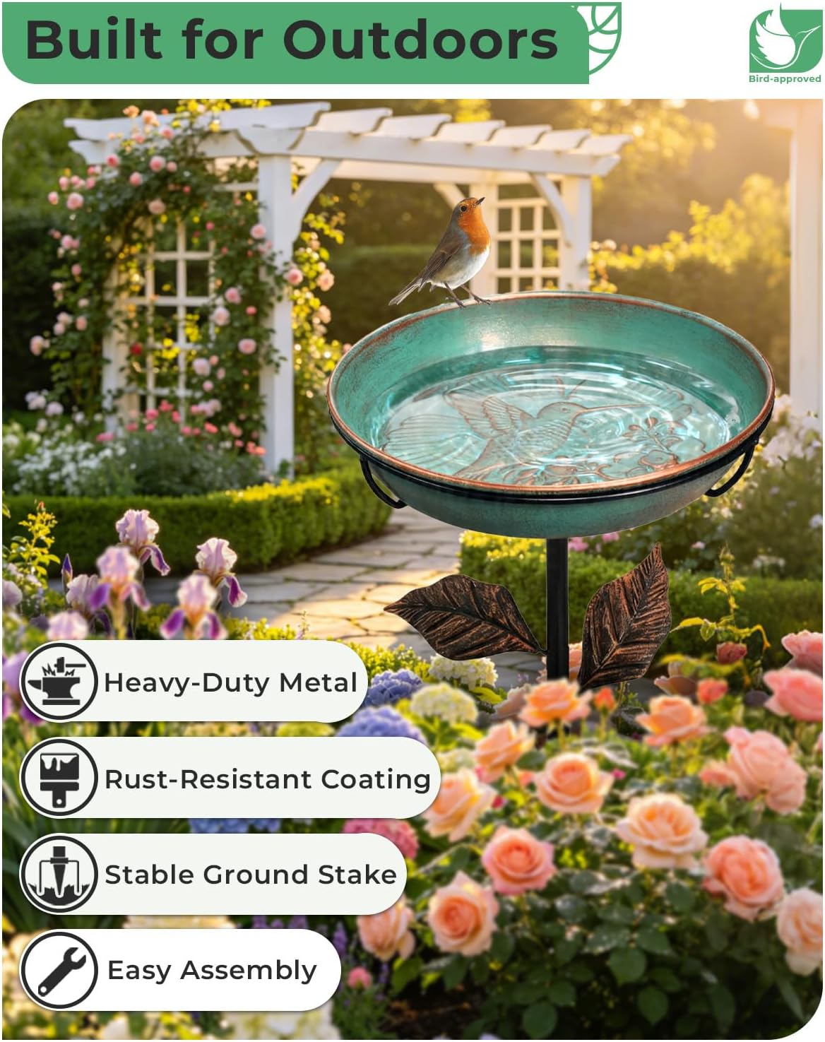 12" metal bird bath, hummingbird embossed bowl for shown in use