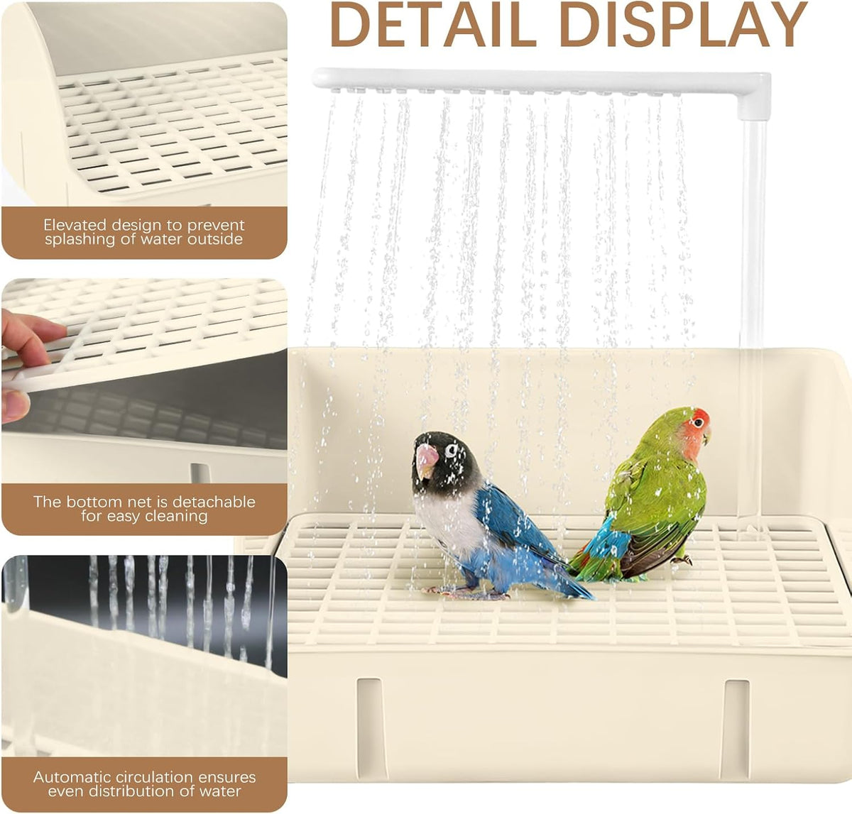 automatic parakeet bird bath with pump,large bird shower, close-up detail