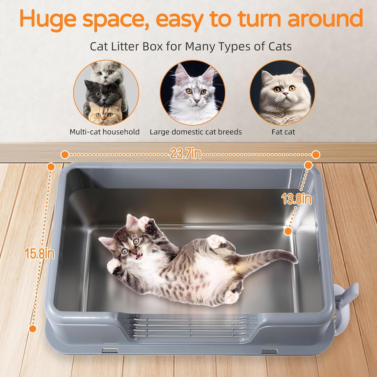 stainless steel cat litter box with lid, 23.7" shown in use