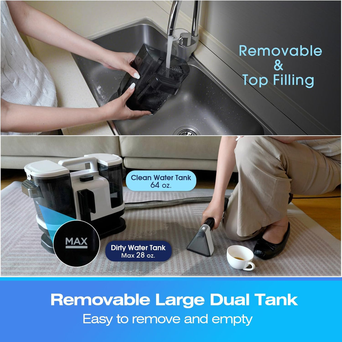 carpet cleaner machine, 18kpa powerful suction, spot cleaner showing dimensions