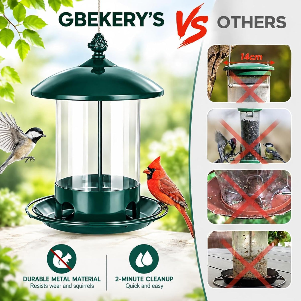 gbekery metal bird feeders for outdoors, 360° feeding, side view