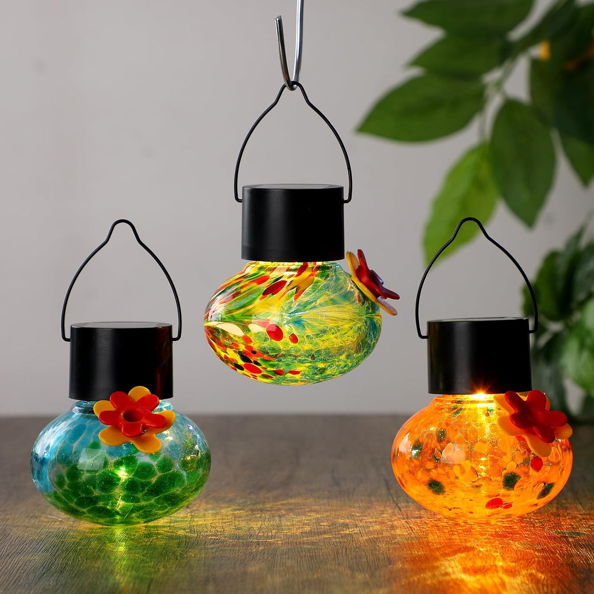 nuogo 3 pcs blown glass hummingbird feeder gift, side view