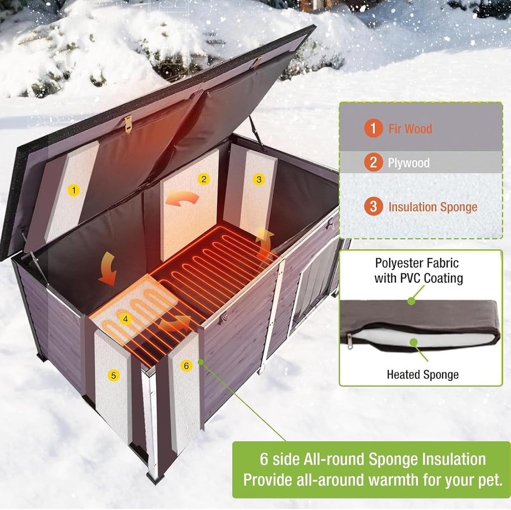 heated dog house outdoor 59.1" extra large 100% showing dimensions