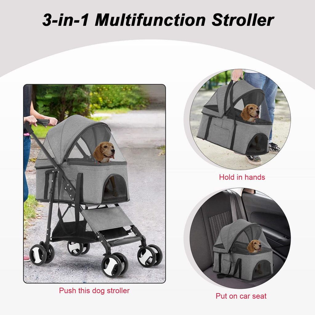 bestpet | 4-wheel foldable pet stroller | grey, side view