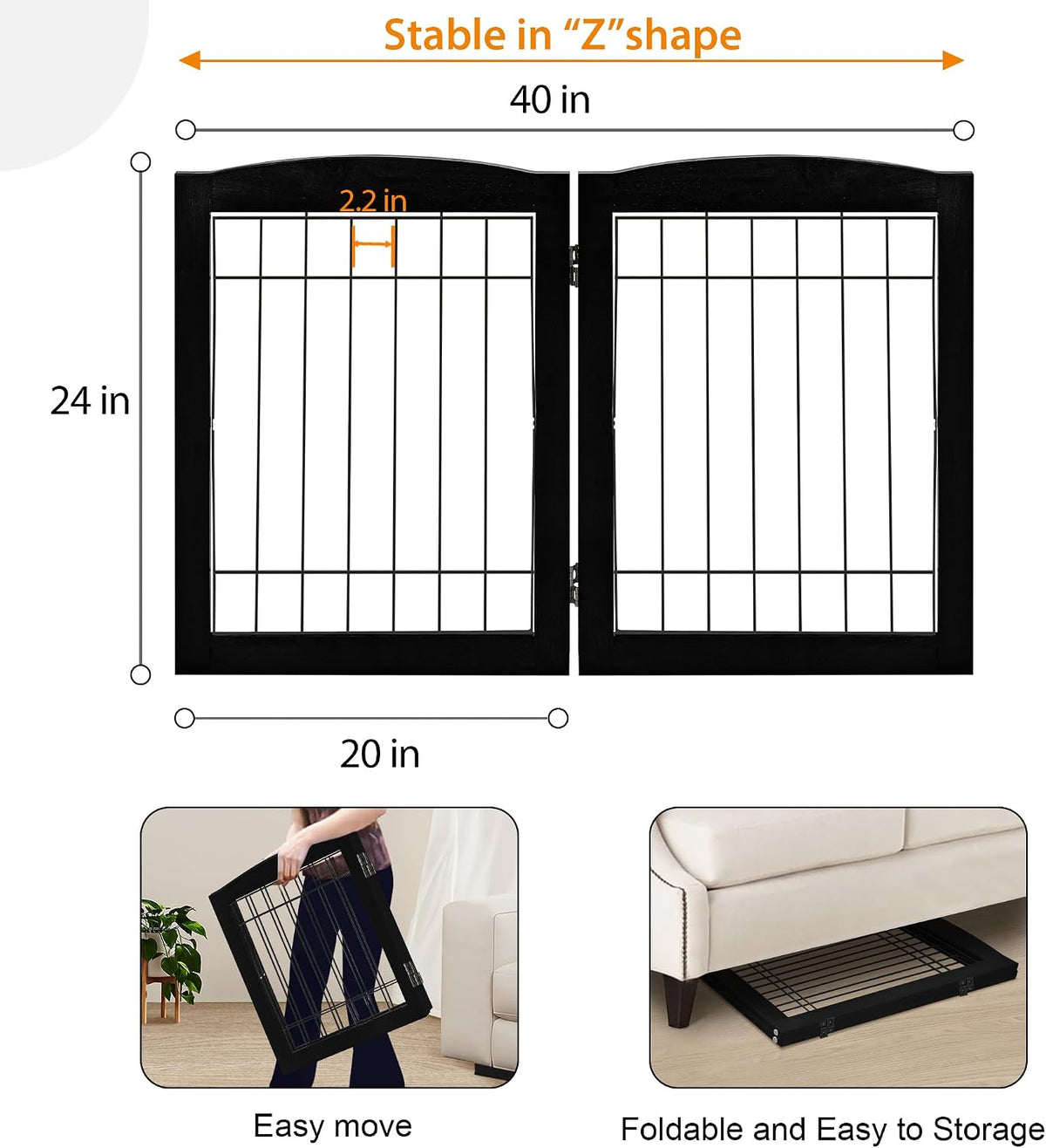 lzrs 2-panel freestanding foldable wood dog gate – showing dimensions