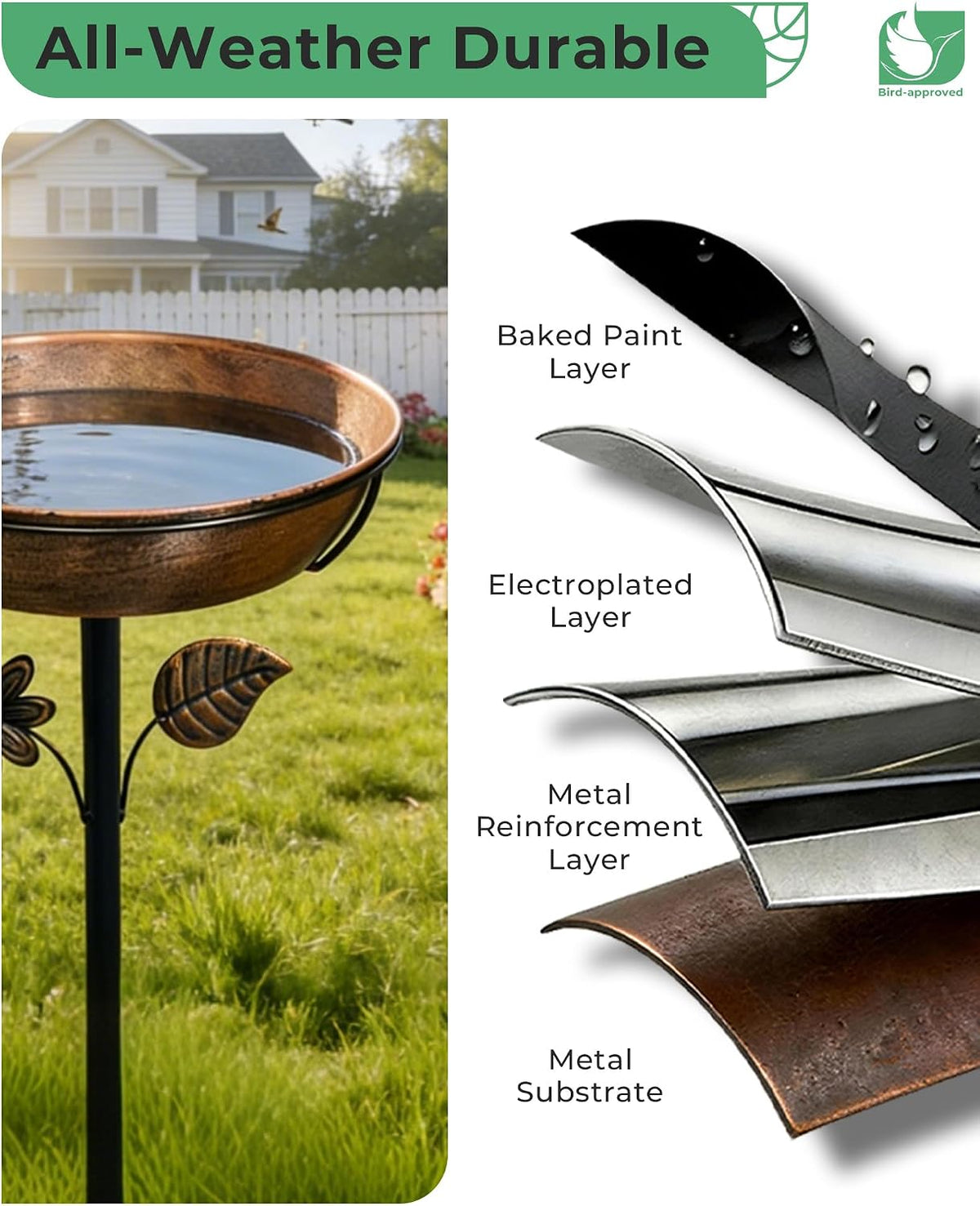 12" metal bird bath for outside, 3" deep showing dimensions