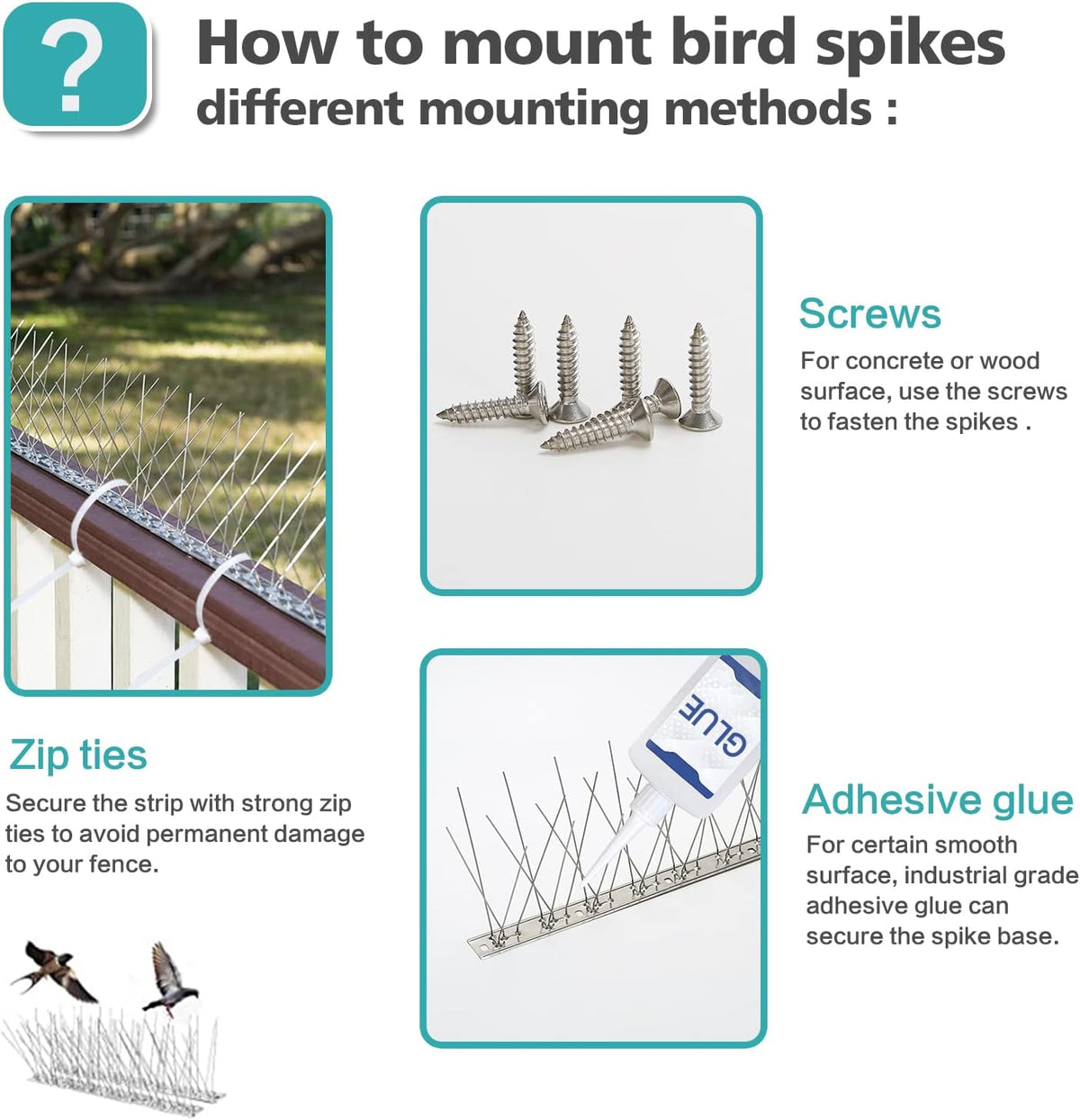 kky bird spikes stainless steel base, metal bird showing dimensions