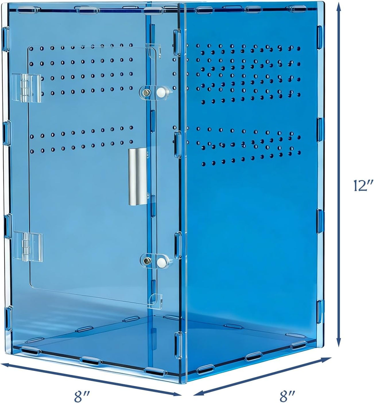 8x8x12 blue acrylic terrarium vertical for spider reptile, close-up detail