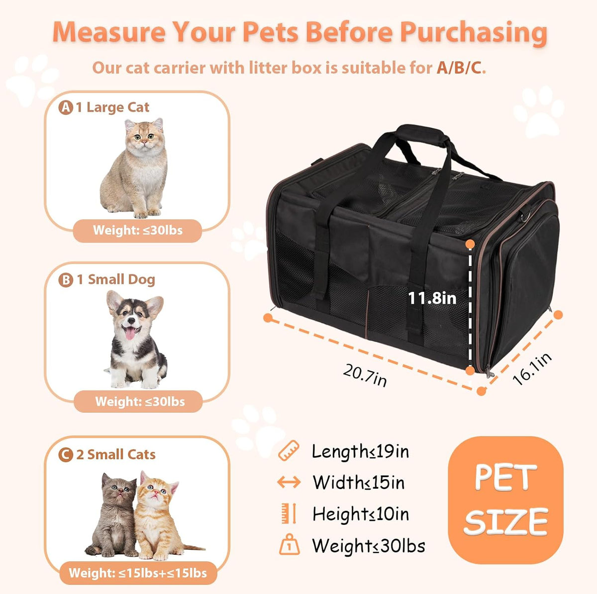 large cat carrier for 2 cats, expandable with showing dimensions