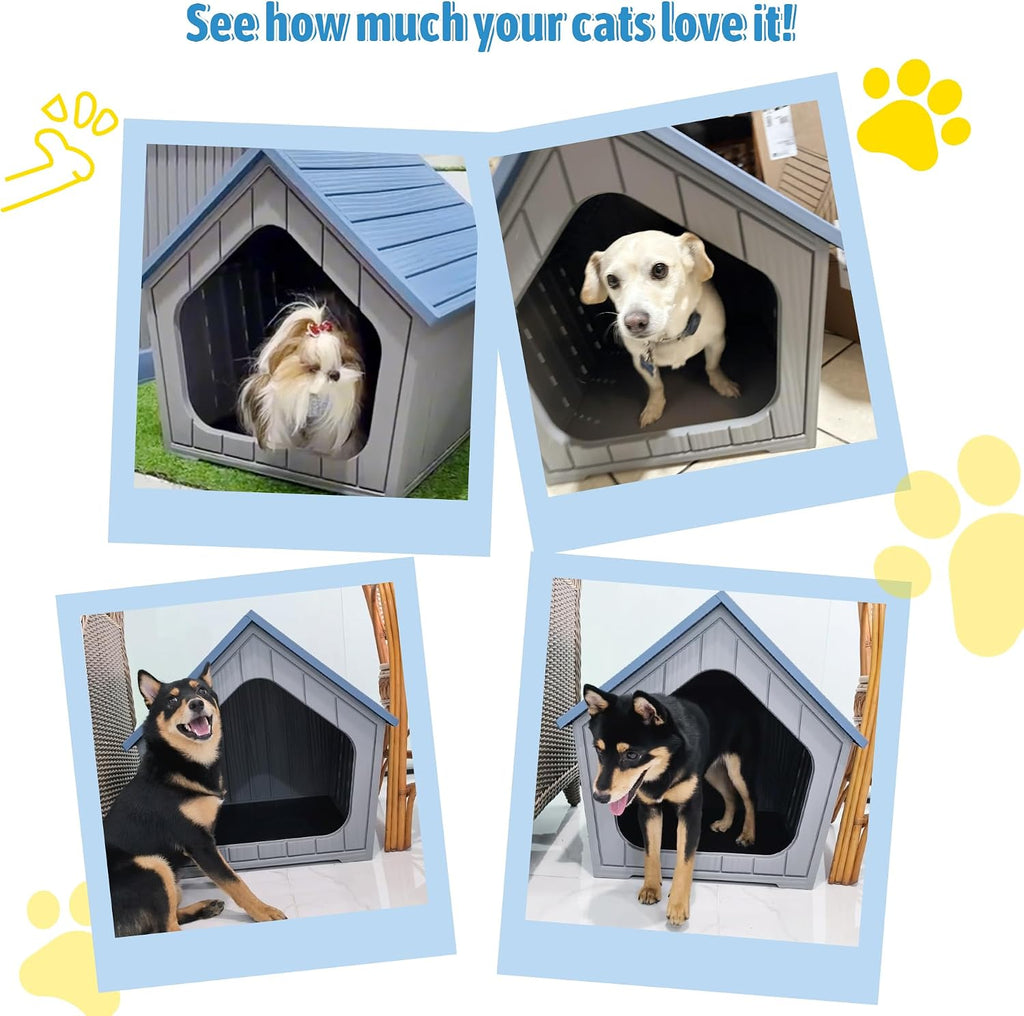 fancyango small dog house outdoor indoor, durable plastic, front angle view