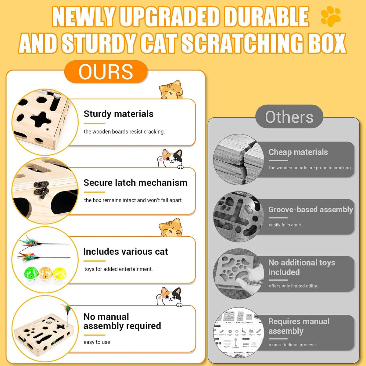 large cat nail file box, sturdy wood cat, close-up detail