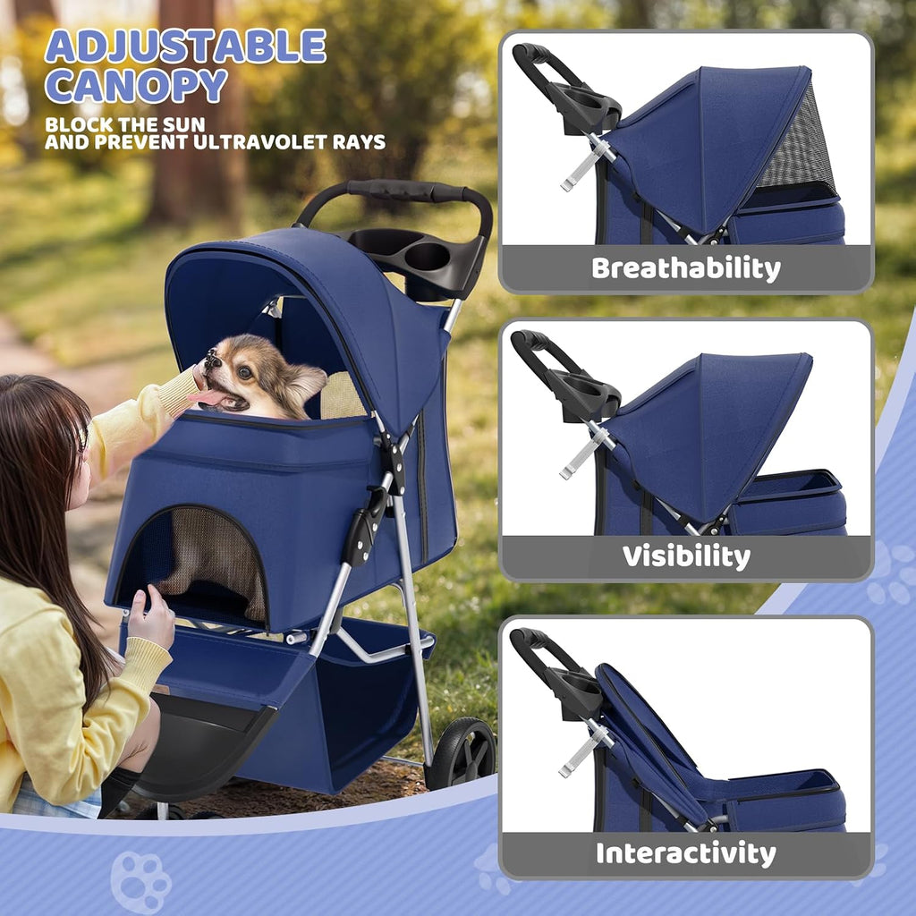 magshion 3-wheel pet stroller for small/medium dogs cats showing dimensions