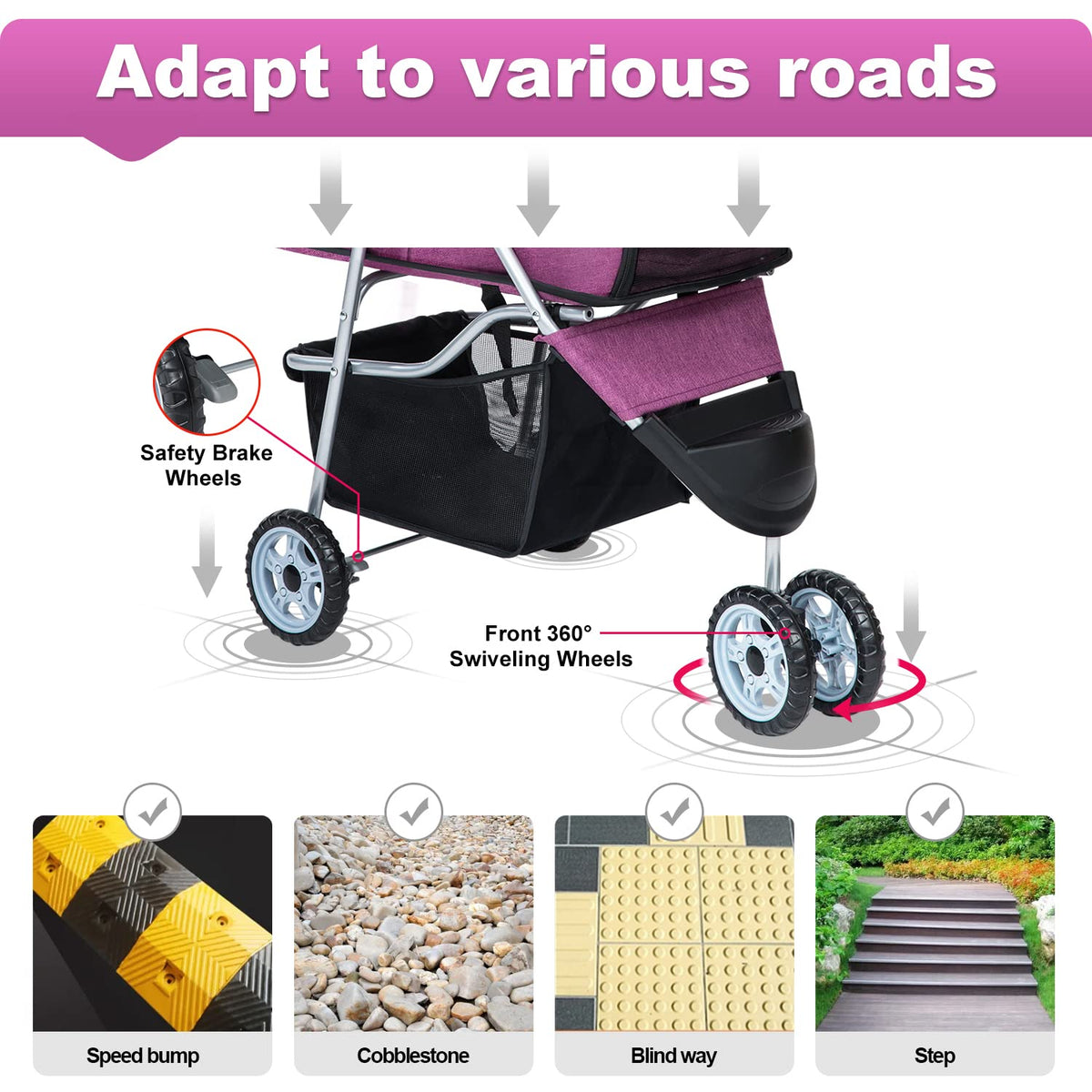 bestpet | 3-wheel foldable pet stroller | purple showing dimensions