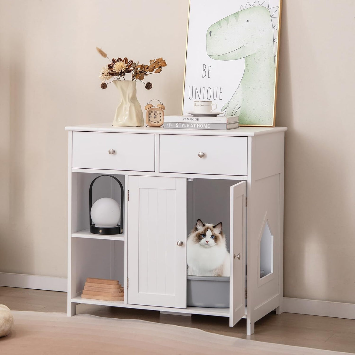 petsite white cat litter box enclosure, modern hidden shown in use