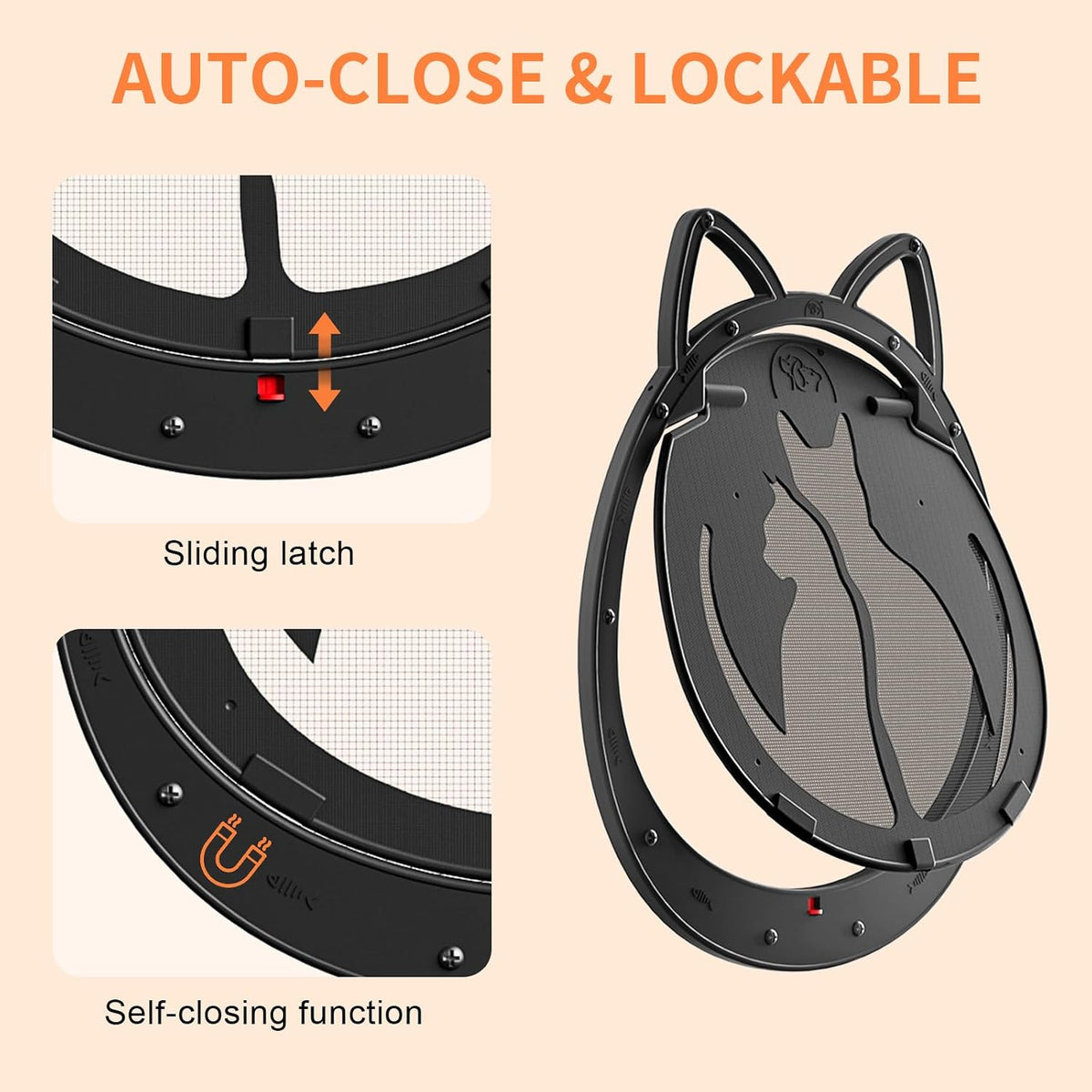 cat door for screen door, lockable magnetic flap shown in use