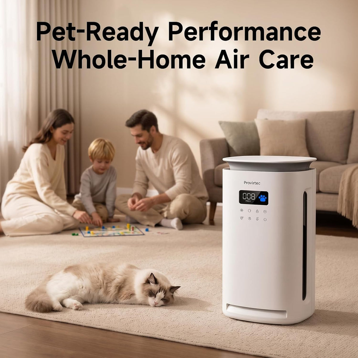 provirtec pet air purifier for home with h13 shown in use