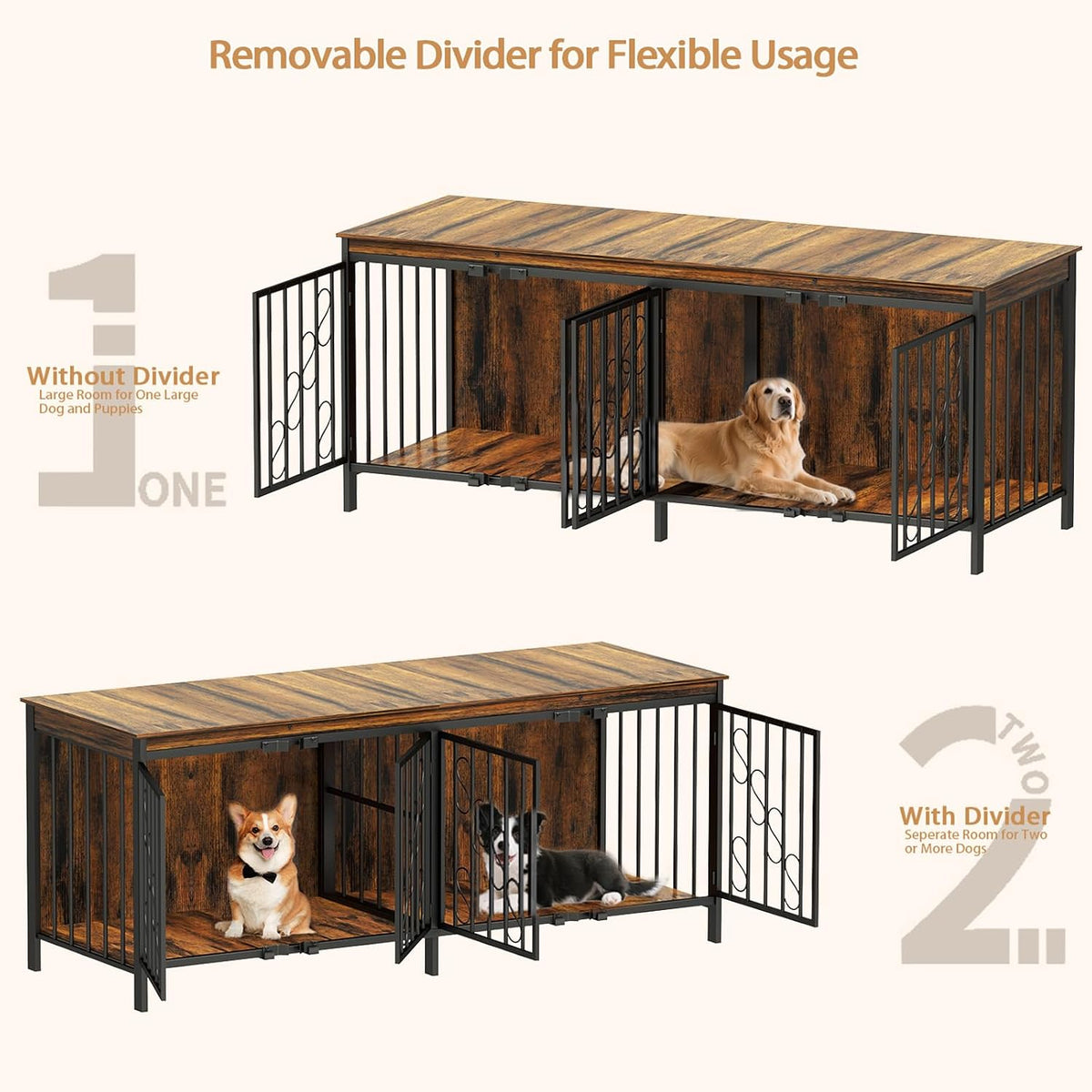 cozpaw 71" double dog crate with elevated legs, side view