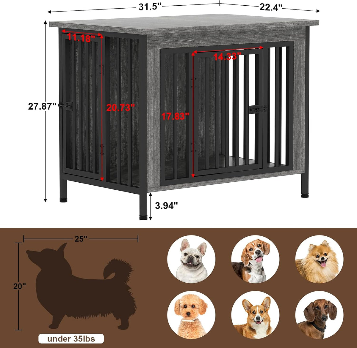 easycom 31.5" dog crate furniture for 1 or showing dimensions