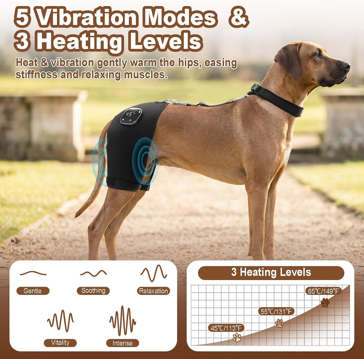 dog hip brace with heat & vibration, patent, close-up detail