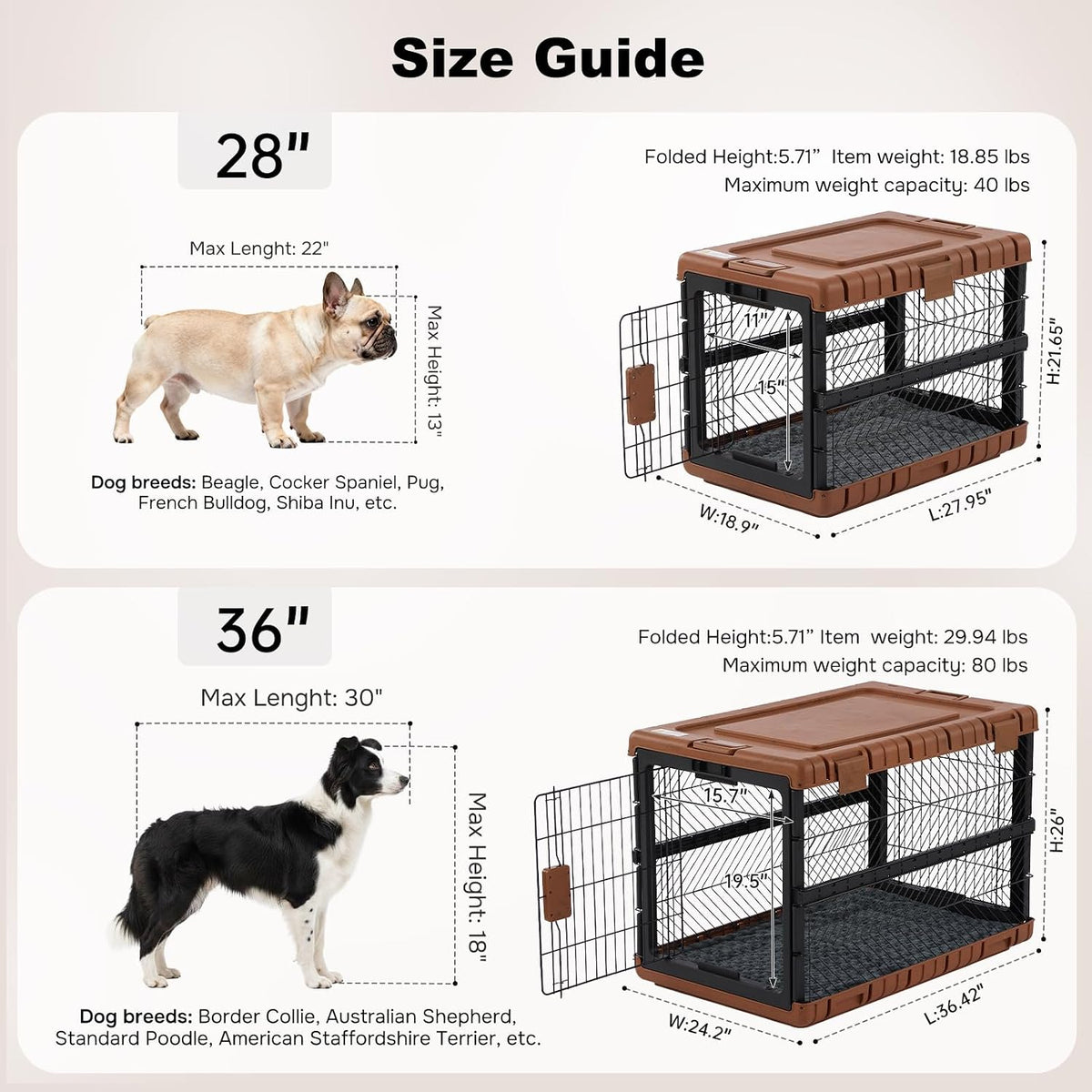 zomisia collapsible dog crate with bed mat, 28'' showing dimensions
