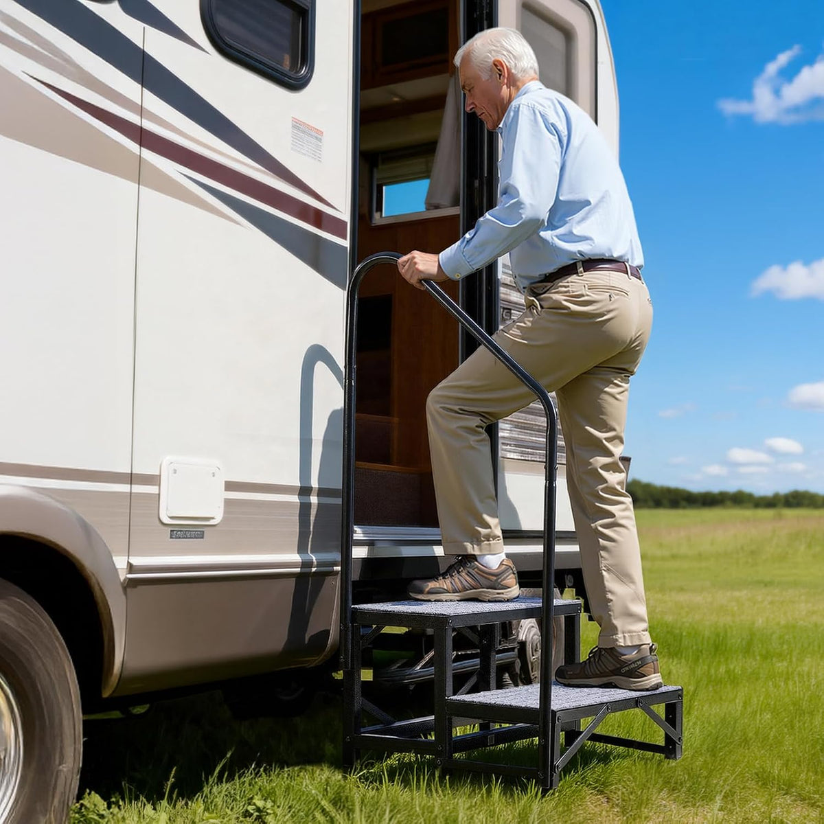 vevor rv steps with handrail, 2 steps, 660, front angle view