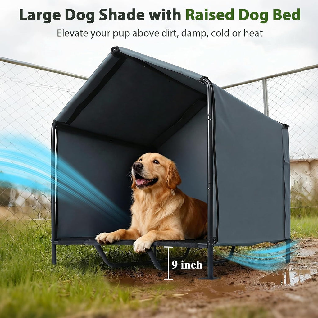 large dog canopy with elevated bed, outdoor dog, package contents