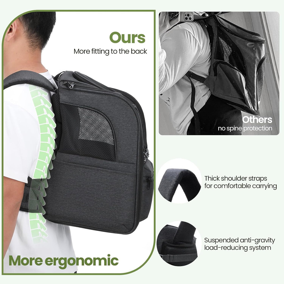 pecute ergonomic cat backpack, 30% effort-saving breathable pet showing dimensions