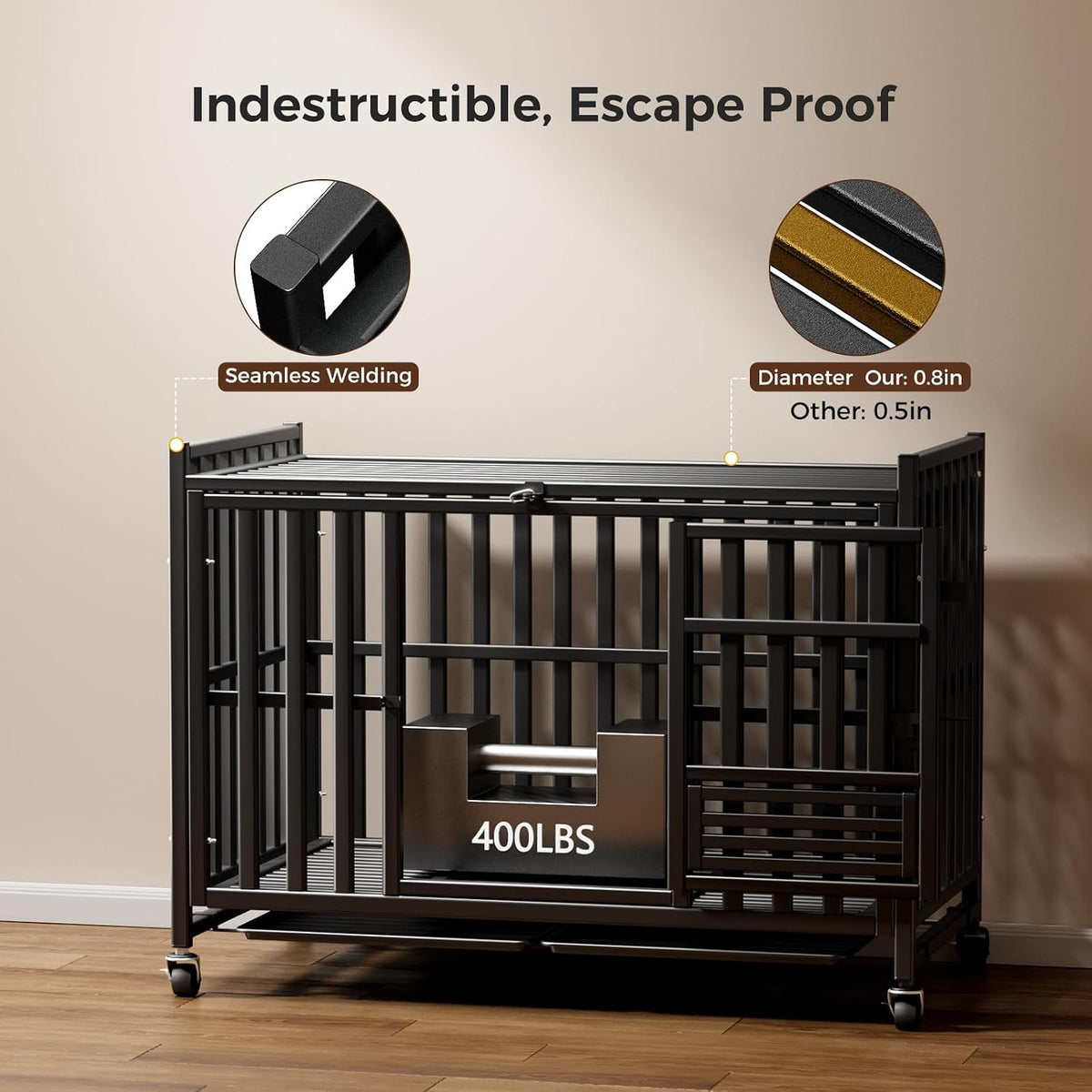 heavy duty dog crate, 43'' large indestructible cage, side view