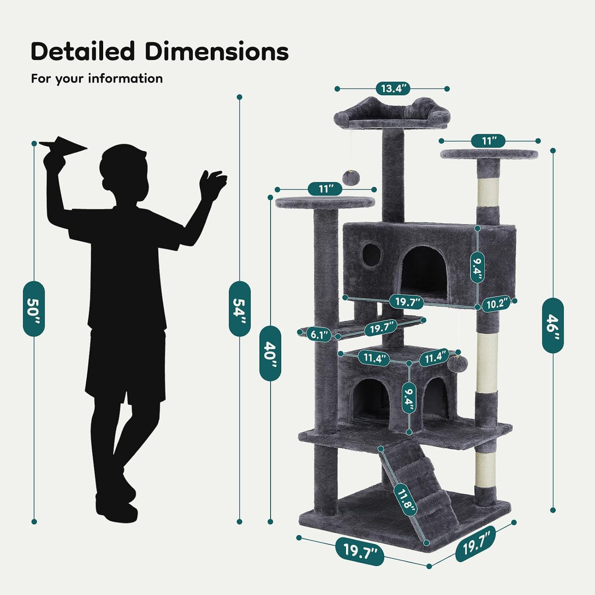 dumos 54 inch cat tree tower with scratching on a desk or shelf