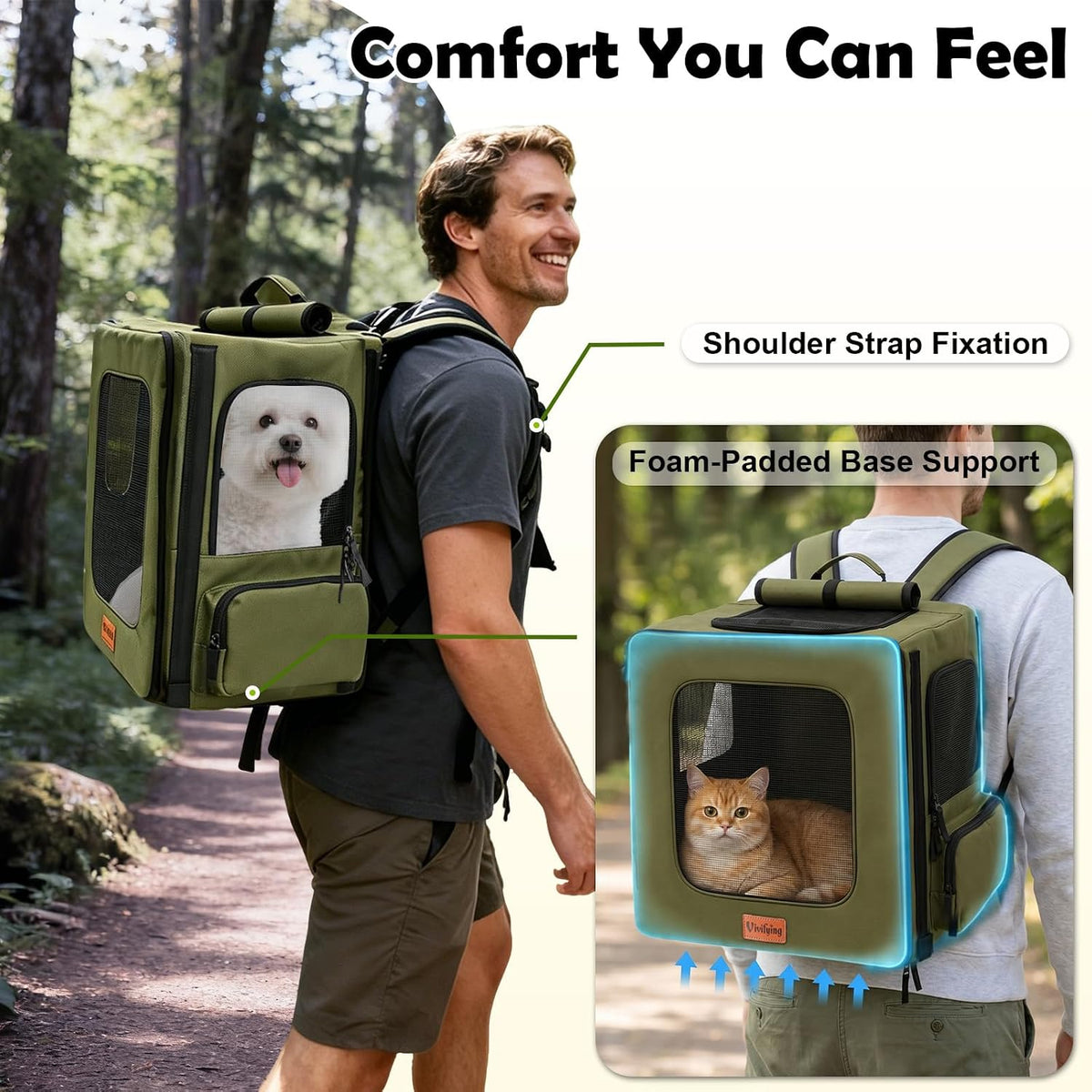 vivifying dog backpack carrier, 16.5"×15"×10.6" breathable pet backpack, side view