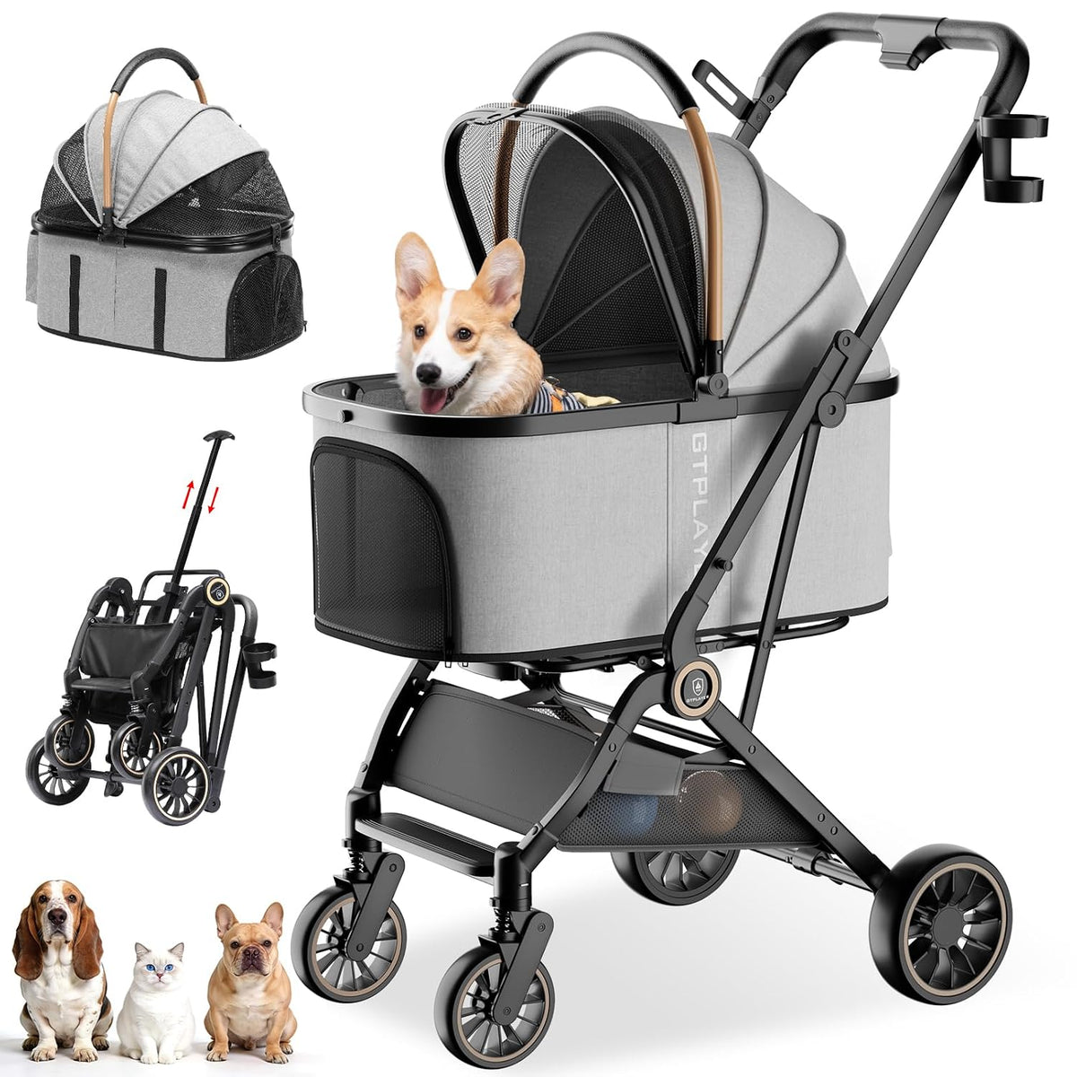 gtplayer pet stroller for dogs & cats, 3-in-1, main product view
