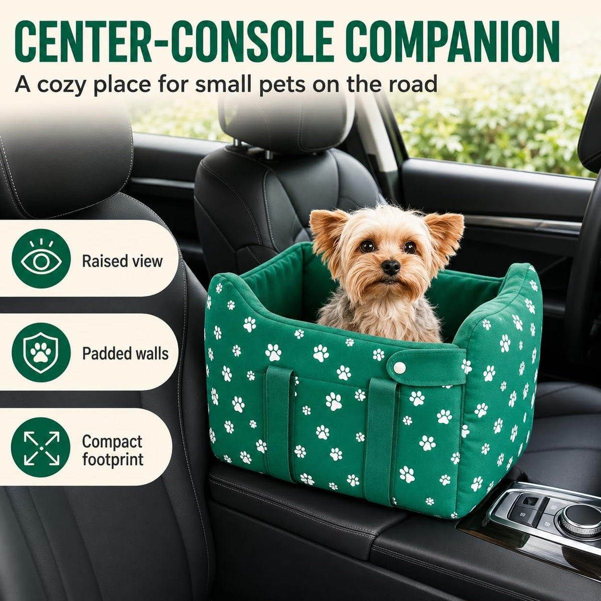 center console dog car seat safe travel for, side view