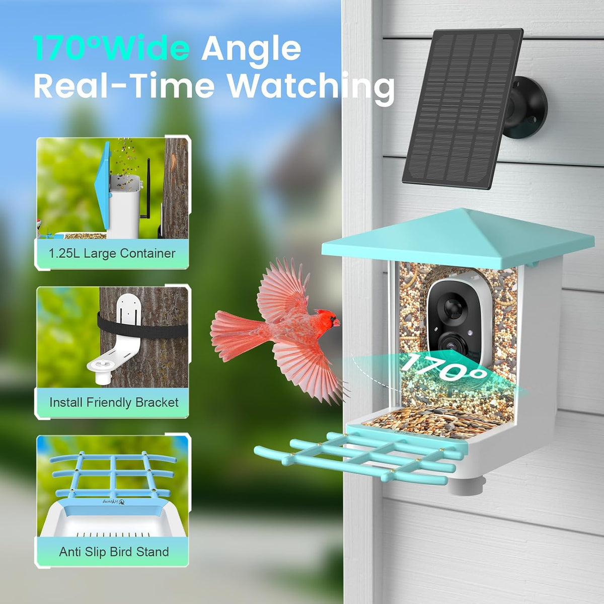 smart bird feeder with camera, 2.5k live cam, side view
