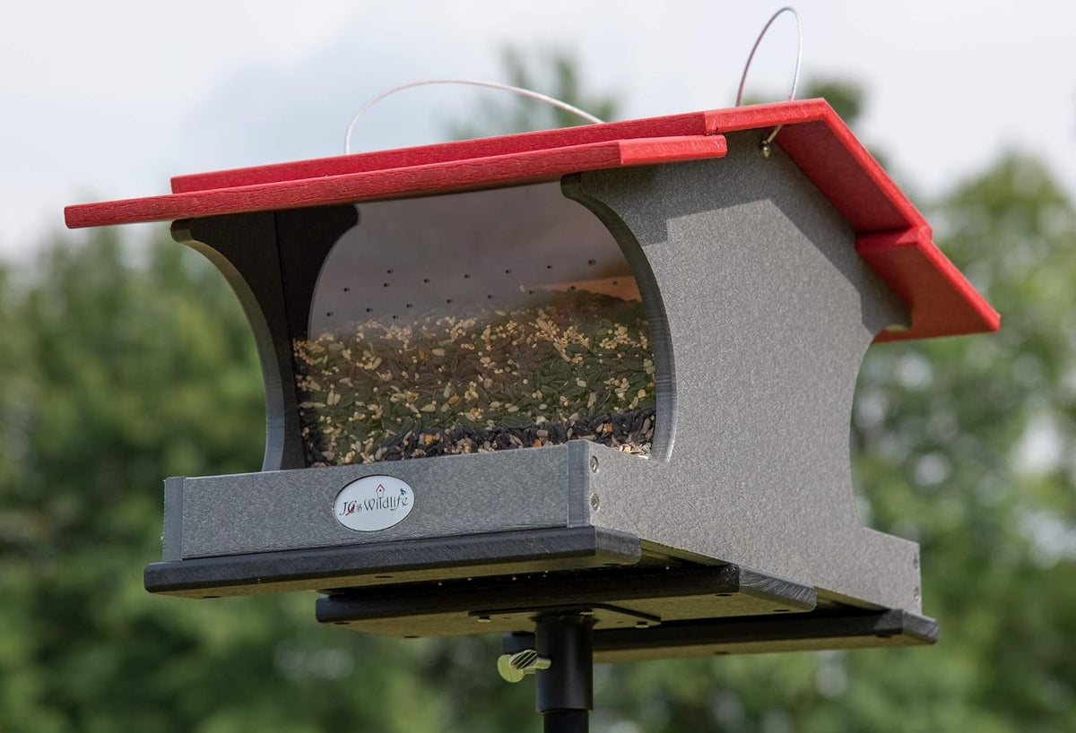 jcs wildlife large poly hopper bird feeder, close-up detail