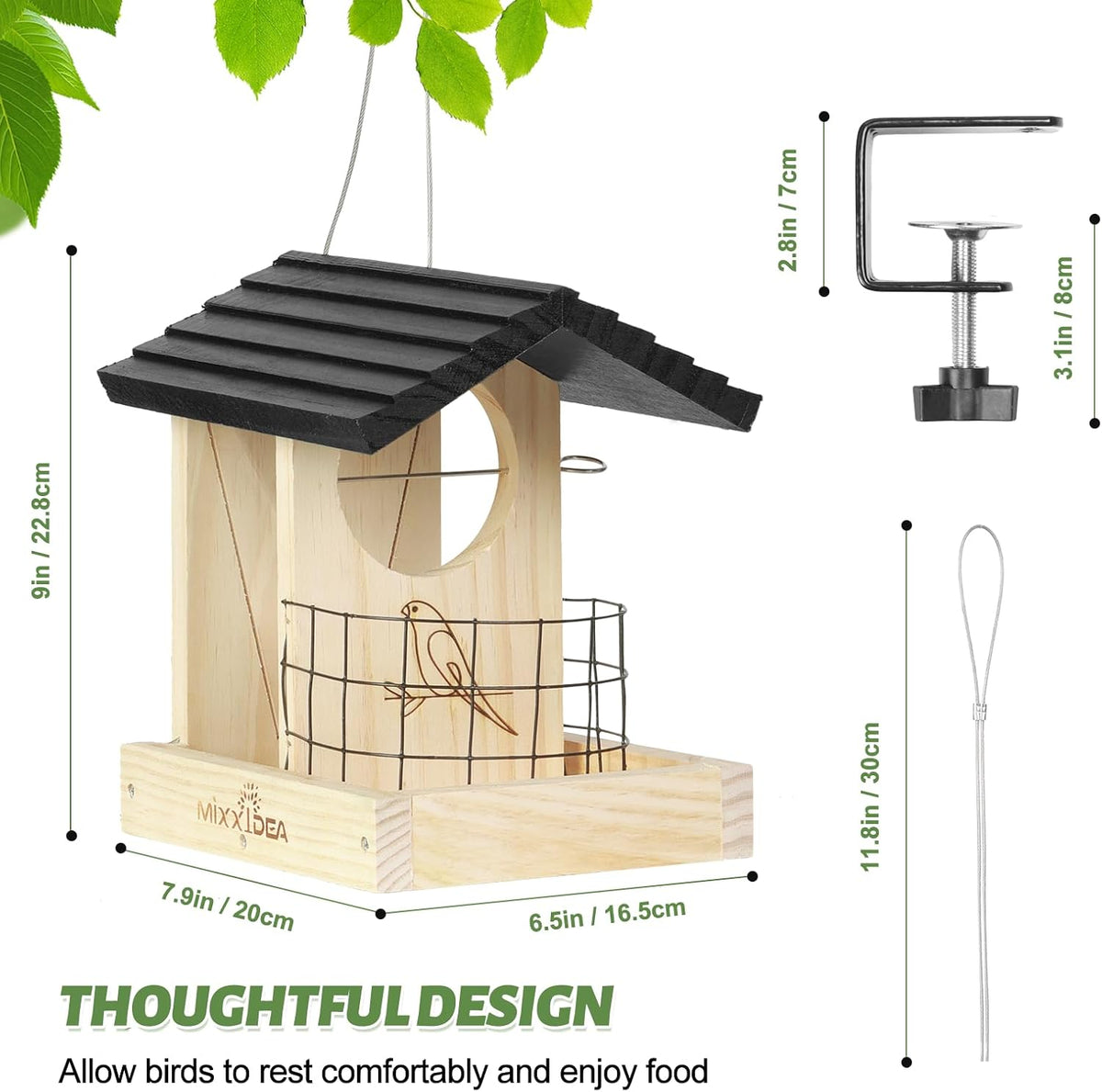 mixxidea wooden deck bird feeder for railing, balcony shown in use