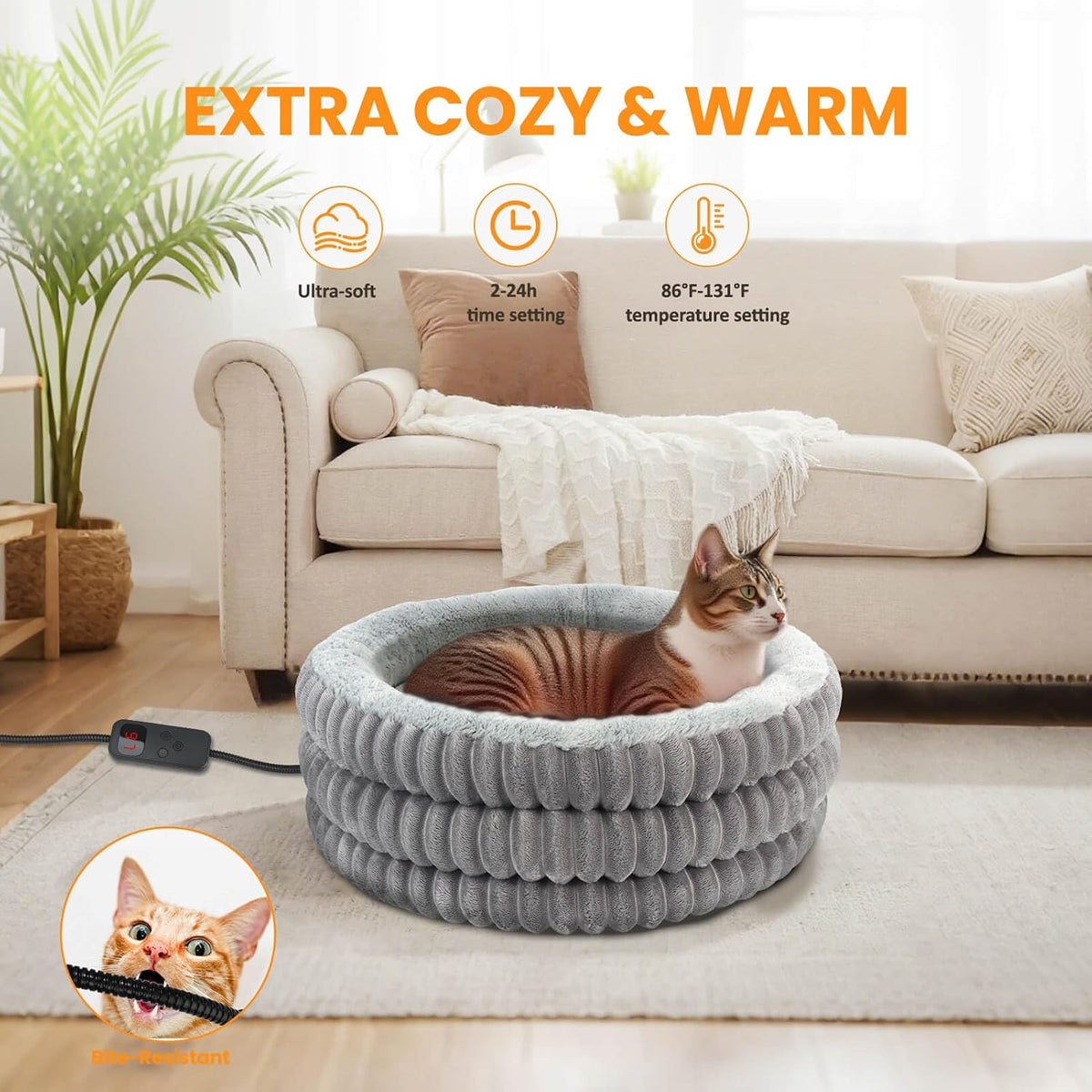heated cat bed indoor, 20" round donut deep shown in use