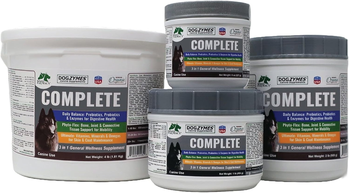 dogzymes complete - probiotics, prebiotics, glucosamine, chondroitin, msm shown in use